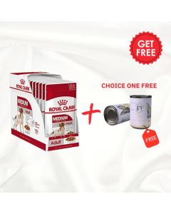 Royal Canin Size Health Nutrition Medium Adult (Wet Food - Pouches) 10 X 140G + one Farma Pet Treats Canned 375g